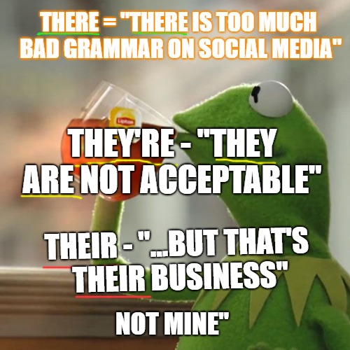 kermit - grammar jew  | THERE = "THERE IS TOO MUCH BAD GRAMMAR ON SOCIAL MEDIA"; THEY'RE - "THEY ARE NOT ACCEPTABLE"; THEIR - "...BUT THAT'S THEIR BUSINESS"; NOT MINE" | image tagged in memes,but thats none of my business,kermit the frog,not a grammar nazi | made w/ Imgflip meme maker