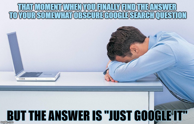 Google Is NOT My Friend | THAT MOMENT WHEN YOU FINALLY FIND THE ANSWER TO YOUR SOMEWHAT OBSCURE GOOGLE SEARCH QUESTION; BUT THE ANSWER IS "JUST GOOGLE IT" | image tagged in google,the search continues,frustrated at computer | made w/ Imgflip meme maker