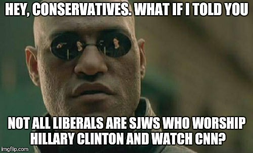 Can we get 30+ upvotes? ;D | HEY, CONSERVATIVES. WHAT IF I TOLD YOU; NOT ALL LIBERALS ARE SJWS WHO WORSHIP HILLARY CLINTON AND WATCH CNN? | image tagged in memes,matrix morpheus,liberals,sjws,hillary clinton,cnn | made w/ Imgflip meme maker