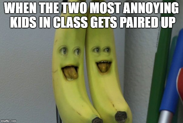 Annoying Orange Banana | WHEN THE TWO MOST ANNOYING KIDS IN CLASS GETS PAIRED UP | image tagged in annoying orange banana | made w/ Imgflip meme maker