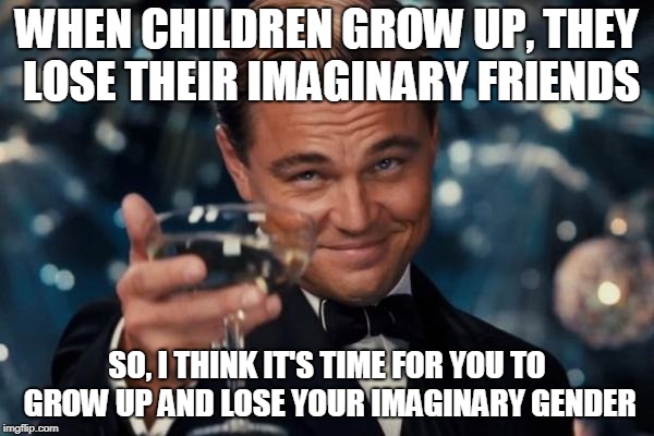 Leonardo Dicaprio Cheers | WHEN CHILDREN GROW UP, THEY LOSE THEIR IMAGINARY FRIENDS; SO, I THINK IT'S TIME FOR YOU TO GROW UP AND LOSE YOUR IMAGINARY GENDER | image tagged in memes,leonardo dicaprio cheers | made w/ Imgflip meme maker
