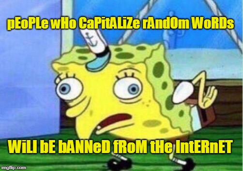 Mocking Spongebob Meme | pEoPLe wHo CaPitALiZe rAndOm WoRDs WiLl bE bANNeD fRoM tHe IntERnET | image tagged in memes,mocking spongebob | made w/ Imgflip meme maker