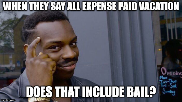 Roll Safe Think About It Meme | WHEN THEY SAY ALL EXPENSE PAID VACATION; DOES THAT INCLUDE BAIL? | image tagged in memes,roll safe think about it | made w/ Imgflip meme maker
