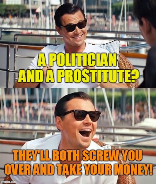 Leonardo Dicaprio Wolf Of Wall Street Meme | A POLITICIAN AND A PROSTITUTE? THEY'LL BOTH SCREW YOU OVER AND TAKE YOUR MONEY! | image tagged in memes,leonardo dicaprio wolf of wall street | made w/ Imgflip meme maker