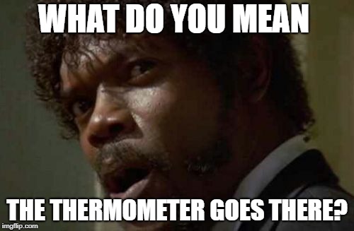 Samuel Jackson Glance |  WHAT DO YOU MEAN; THE THERMOMETER GOES THERE? | image tagged in memes,samuel jackson glance | made w/ Imgflip meme maker