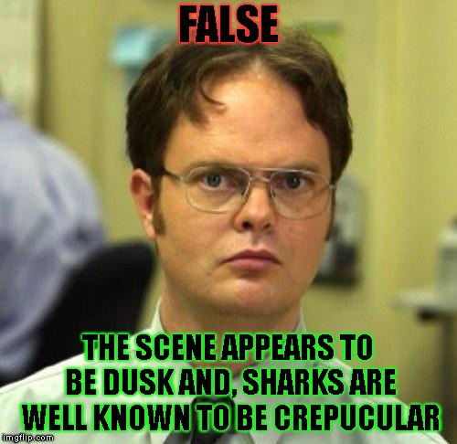 False | FALSE THE SCENE APPEARS TO BE DUSK AND, SHARKS ARE WELL KNOWN TO BE CREPUCULAR | image tagged in false | made w/ Imgflip meme maker