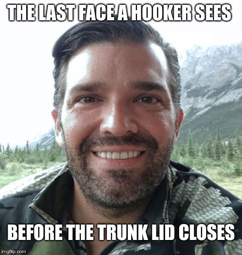 Jr | THE LAST FACE A HOOKER SEES; BEFORE THE TRUNK LID CLOSES | image tagged in donald jr,hookers,bad,trump | made w/ Imgflip meme maker