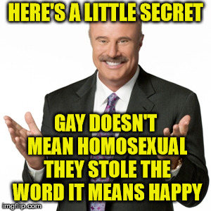 HERE'S A LITTLE SECRET GAY DOESN'T MEAN HOMOSEXUAL THEY STOLE THE WORD IT MEANS HAPPY | made w/ Imgflip meme maker