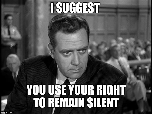 Perry mason stare | I SUGGEST YOU USE YOUR RIGHT TO REMAIN SILENT | image tagged in perry mason stare | made w/ Imgflip meme maker