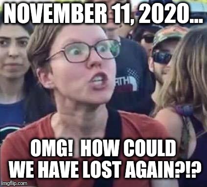 Angry Liberal | NOVEMBER 11, 2020... OMG!  HOW COULD WE HAVE LOST AGAIN?!? | image tagged in angry liberal | made w/ Imgflip meme maker