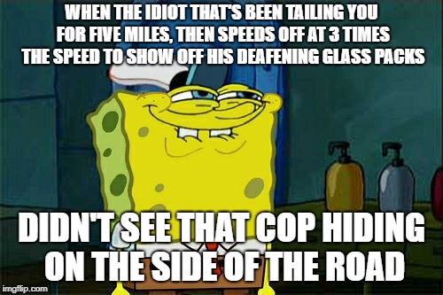 Gotcha, bitch! | WHEN THE IDIOT THAT'S BEEN TAILING YOU FOR FIVE MILES, THEN SPEEDS OFF AT 3 TIMES THE SPEED TO SHOW OFF HIS DEAFENING GLASS PACKS; DIDN'T SEE THAT COP HIDING ON THE SIDE OF THE ROAD | image tagged in memes,dont you squidward,idiots | made w/ Imgflip meme maker