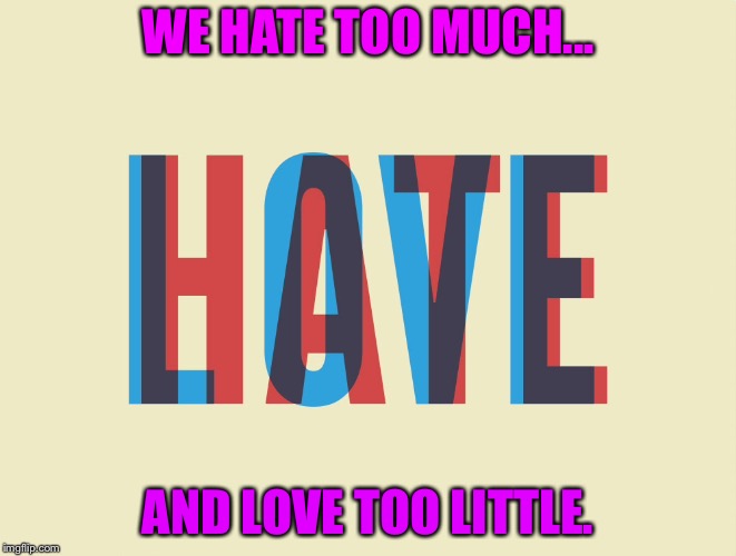 Love/Hate | WE HATE TOO MUCH... AND LOVE TOO LITTLE. | image tagged in hypocrisy,love,hate,haters,deep thoughts | made w/ Imgflip meme maker