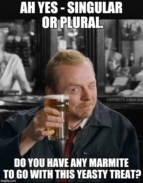 wait for this to blow over | AH YES - SINGULAR OR PLURAL. DO YOU HAVE ANY MARMITE TO GO WITH THIS YEASTY TREAT? | image tagged in wait for this to blow over | made w/ Imgflip meme maker