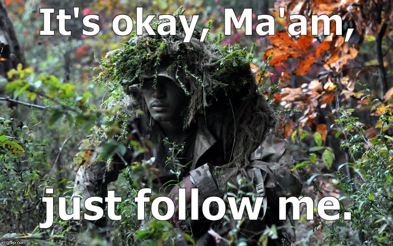 camouflage | It's okay, Ma'am, just follow me. | image tagged in camouflage | made w/ Imgflip meme maker