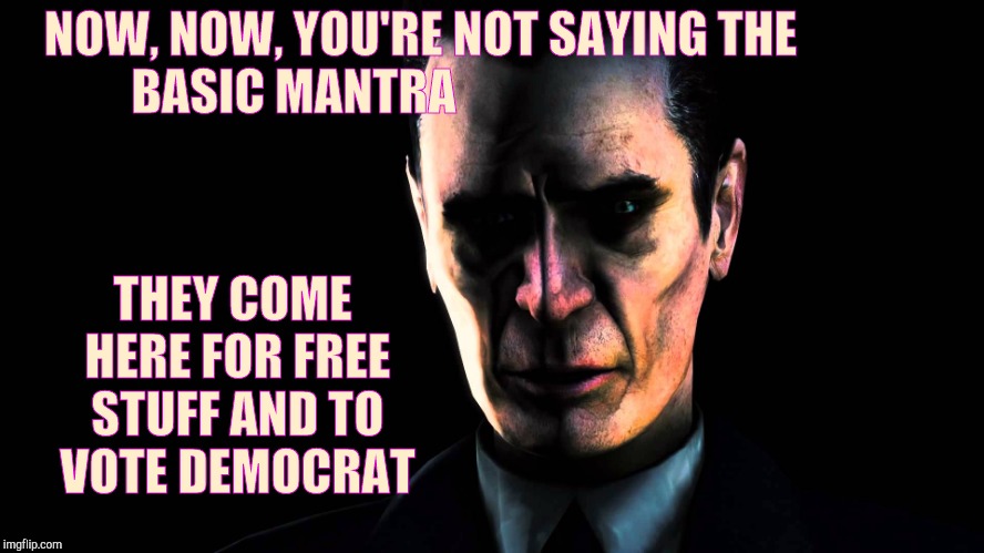 . | NOW, NOW, YOU'RE NOT SAYING THE BASIC MANTRA THEY COME HERE FOR FREE STUFF AND TO VOTE DEMOCRAT | image tagged in half-life's g-man from the creepy gallery of vagabondsoufflé  | made w/ Imgflip meme maker