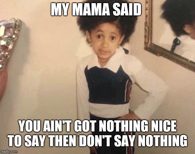 My Momma Said | MY MAMA SAID; YOU AIN'T GOT NOTHING NICE TO SAY THEN DON'T SAY NOTHING | image tagged in my momma said | made w/ Imgflip meme maker