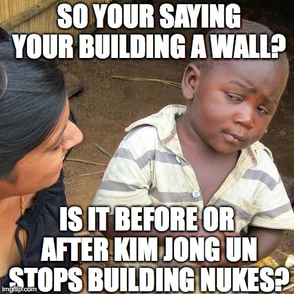 Third World Skeptical Kid Meme | SO YOUR SAYING YOUR BUILDING A WALL? IS IT BEFORE OR AFTER KIM JONG UN STOPS BUILDING NUKES? | image tagged in memes,third world skeptical kid | made w/ Imgflip meme maker