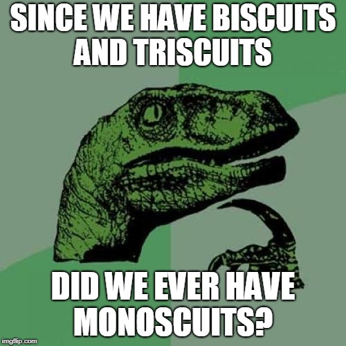 Philosoraptor Meme | SINCE WE HAVE BISCUITS AND TRISCUITS; DID WE EVER HAVE MONOSCUITS? | image tagged in memes,philosoraptor,biscuits,triscuits,snacks,deep thoughts | made w/ Imgflip meme maker