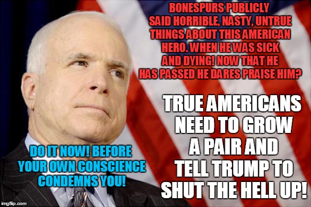 John McCain | BONESPURS PUBLICLY SAID HORRIBLE, NASTY, UNTRUE THINGS ABOUT THIS AMERICAN HERO. WHEN HE WAS SICK AND DYING! NOW THAT HE HAS PASSED HE DARES PRAISE HIM? TRUE AMERICANS NEED TO GROW A PAIR AND TELL TRUMP TO SHUT THE HELL UP! DO IT NOW! BEFORE YOUR OWN CONSCIENCE CONDEMNS YOU! | image tagged in john mccain,donald trump,trump russia collusion,vladimir putin,robert mueller | made w/ Imgflip meme maker