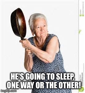 HE'S GOING TO SLEEP,  ONE WAY OR THE OTHER! | image tagged in granny iron skillet sexy milf | made w/ Imgflip meme maker