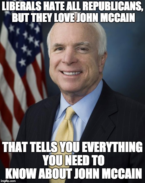 John McCain | LIBERALS HATE ALL REPUBLICANS, BUT THEY LOVE JOHN MCCAIN; THAT TELLS YOU EVERYTHING YOU NEED TO KNOW ABOUT JOHN MCCAIN | image tagged in john mccain | made w/ Imgflip meme maker