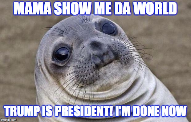 Awkward Moment Sealion | MAMA SHOW ME DA WORLD; TRUMP IS PRESIDENT! I'M DONE NOW | image tagged in memes,awkward moment sealion | made w/ Imgflip meme maker