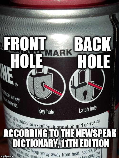 Better get with the PC program! | BACK HOLE; FRONT HOLE; ACCORDING TO THE NEWSPEAK DICTIONARY, 11TH EDITION | image tagged in memes,front hole,back hole,newspeak | made w/ Imgflip meme maker