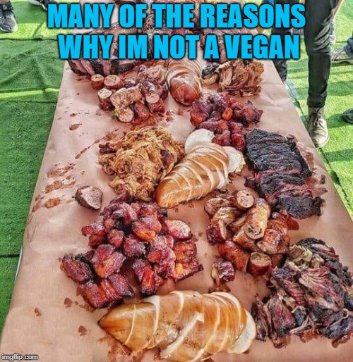 why im not a vegan | MANY OF THE REASONS WHY IM NOT A VEGAN | image tagged in meatloaf,bbq | made w/ Imgflip meme maker