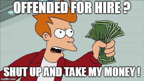 Shut Up And Take My Money Fry Meme | OFFENDED FOR HIRE ? SHUT UP AND TAKE MY MONEY ! | image tagged in memes,shut up and take my money fry | made w/ Imgflip meme maker