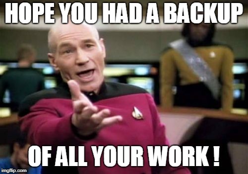 Picard Wtf Meme | HOPE YOU HAD A BACKUP OF ALL YOUR WORK ! | image tagged in memes,picard wtf | made w/ Imgflip meme maker