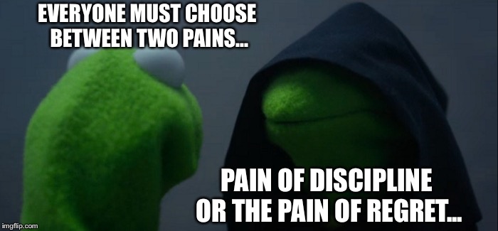 Evil Kermit | EVERYONE MUST CHOOSE BETWEEN TWO PAINS... PAIN OF DISCIPLINE OR THE PAIN OF REGRET... | image tagged in memes,evil kermit | made w/ Imgflip meme maker