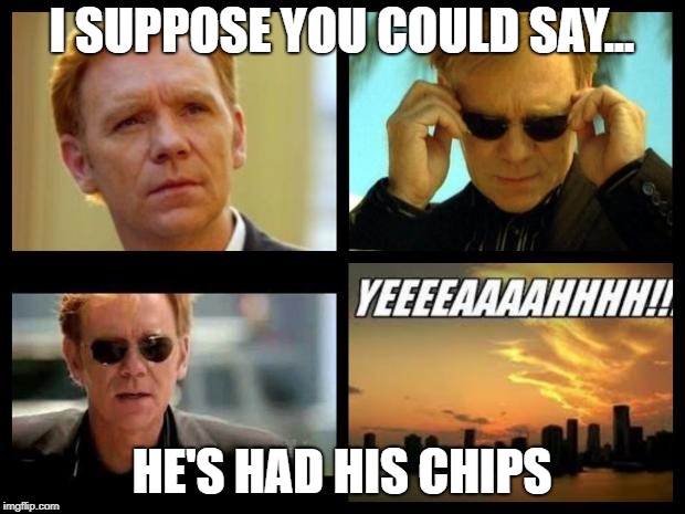 CSI | I SUPPOSE YOU COULD SAY... HE'S HAD HIS CHIPS | image tagged in csi | made w/ Imgflip meme maker