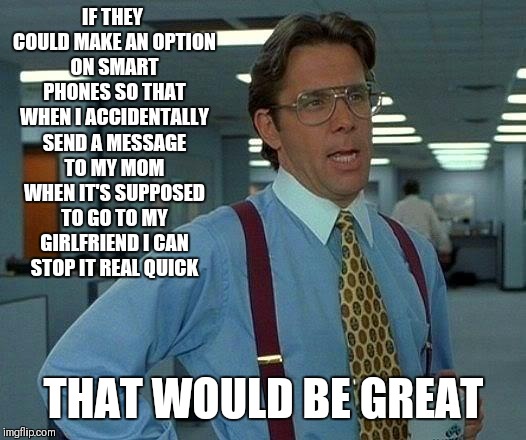 It's gone and can't be stopped  | IF THEY COULD MAKE AN OPTION ON SMART PHONES SO THAT WHEN I ACCIDENTALLY SEND A MESSAGE TO MY MOM WHEN IT'S SUPPOSED TO GO TO MY GIRLFRIEND I CAN STOP IT REAL QUICK; THAT WOULD BE GREAT | image tagged in memes,that would be great,wrong,texting | made w/ Imgflip meme maker