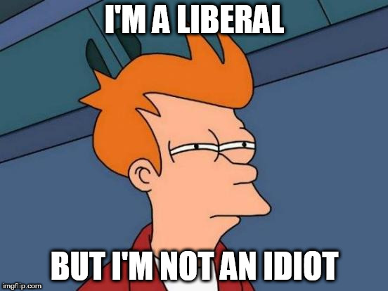 Futurama Fry | I'M A LIBERAL; BUT I'M NOT AN IDIOT | image tagged in memes,futurama fry,liberal,liberals,idiot,idiots | made w/ Imgflip meme maker