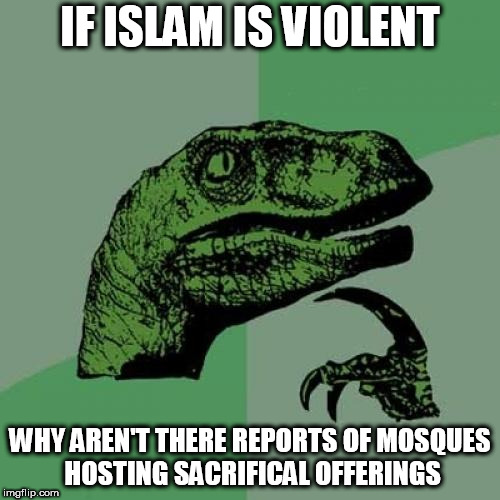 Philosoraptor Meme | IF ISLAM IS VIOLENT; WHY AREN'T THERE REPORTS OF MOSQUES HOSTING SACRIFICAL OFFERINGS | image tagged in memes,philosoraptor,islam,human sacrifice,mosque,mosques | made w/ Imgflip meme maker