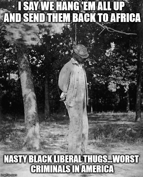 Lynghing or Make them Stand | I SAY WE HANG 'EM ALL UP AND SEND THEM BACK TO AFRICA NASTY BLACK LIBERAL THUGS...WORST CRIMINALS IN AMERICA | image tagged in lynghing or make them stand | made w/ Imgflip meme maker