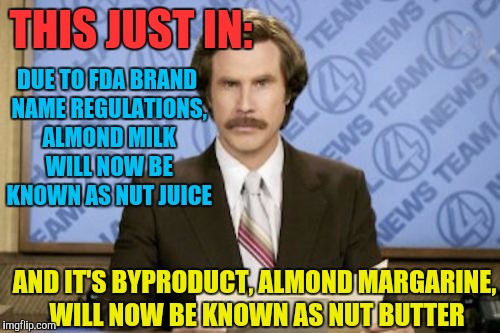 Ron Burgundy Meme | THIS JUST IN:; DUE TO FDA BRAND NAME REGULATIONS, ALMOND MILK WILL NOW BE KNOWN AS NUT JUICE; AND IT'S BYPRODUCT, ALMOND MARGARINE, WILL NOW BE KNOWN AS NUT BUTTER | image tagged in memes,ron burgundy,nsfw,almond milk,butter,funny | made w/ Imgflip meme maker