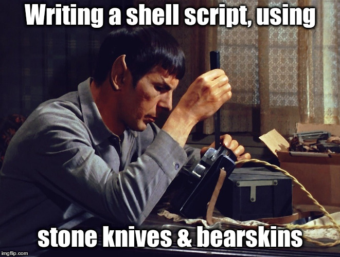 Writing a shell script, using; stone knives & bearskins | image tagged in spock using stone knives and bearskins | made w/ Imgflip meme maker