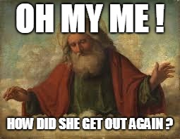 god | OH MY ME ! HOW DID SHE GET OUT AGAIN ? | image tagged in god | made w/ Imgflip meme maker