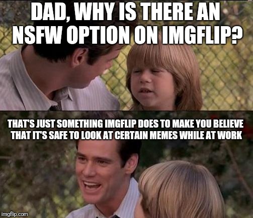 That's Just Something X Say | DAD, WHY IS THERE AN NSFW OPTION ON IMGFLIP? THAT'S JUST SOMETHING IMGFLIP DOES TO MAKE YOU BELIEVE THAT IT'S SAFE TO LOOK AT CERTAIN MEMES WHILE AT WORK | image tagged in memes,thats just something x say | made w/ Imgflip meme maker