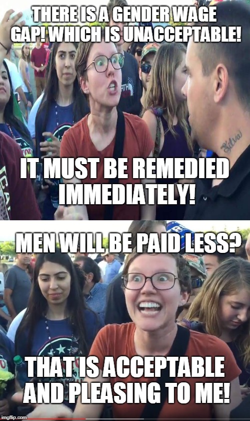 I wouldn't be surprised... | THERE IS A GENDER WAGE GAP! WHICH IS UNACCEPTABLE! THAT IS ACCEPTABLE AND PLEASING TO ME! IT MUST BE REMEDIED IMMEDIATELY! MEN WILL BE PAID  | image tagged in triggered feminist,triggered feminazi,wage gap,gender equality,memes | made w/ Imgflip meme maker