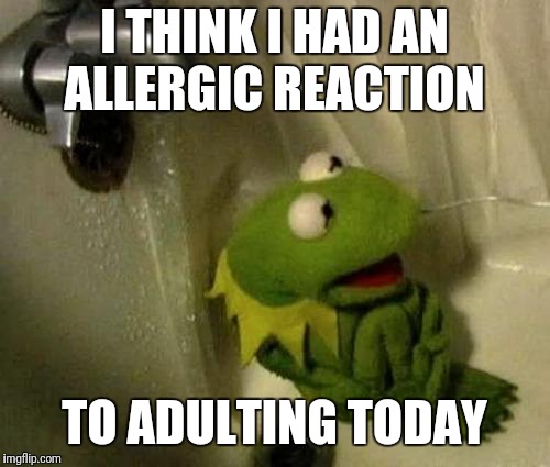 kermit monday | I THINK I HAD AN ALLERGIC REACTION; TO ADULTING TODAY | image tagged in kermit monday | made w/ Imgflip meme maker