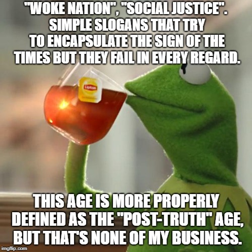 Truth Sets You Free. Untruth Binds You In Hateful Ignorance. | "WOKE NATION", "SOCIAL JUSTICE". SIMPLE SLOGANS THAT TRY TO ENCAPSULATE THE SIGN OF THE TIMES BUT THEY FAIL IN EVERY REGARD. THIS AGE IS MORE PROPERLY DEFINED AS THE "POST-TRUTH" AGE, BUT THAT'S NONE OF MY BUSINESS. | image tagged in memes,but thats none of my business,kermit the frog | made w/ Imgflip meme maker