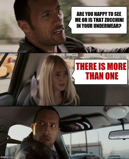 Zucchini | ARE YOU HAPPY TO SEE ME OR IS THAT ZUCCHINI IN YOUR UNDERWEAR? THERE IS MORE THAN ONE | image tagged in memes,the rock driving | made w/ Imgflip meme maker