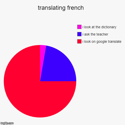 translating french  | i look on google translate, i ask the teacher , i look at the dictionary | image tagged in funny,pie charts,relatable,learning | made w/ Imgflip chart maker
