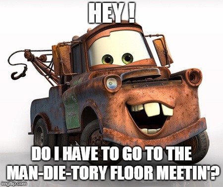 Tow Mater 101 | HEY ! DO I HAVE TO GO TO THE MAN-DIE-TORY FLOOR MEETIN'? | image tagged in tow mater 101 | made w/ Imgflip meme maker