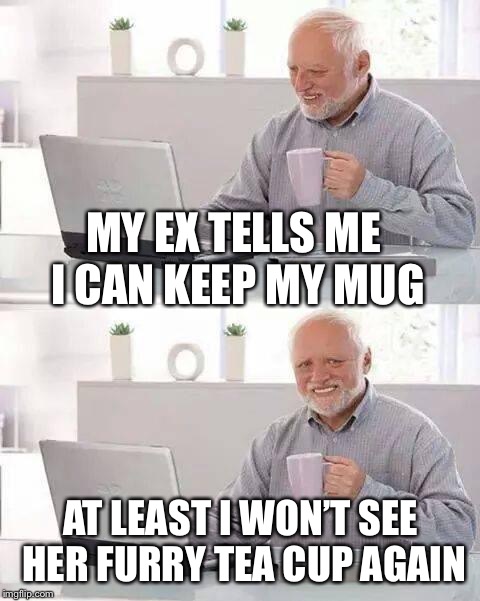 Hide the Pain Harold Meme | MY EX TELLS ME I CAN KEEP MY MUG; AT LEAST I WON’T SEE HER FURRY TEA CUP AGAIN | image tagged in memes,hide the pain harold | made w/ Imgflip meme maker