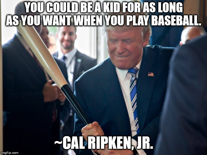 Batter up! | YOU COULD BE A KID FOR AS LONG AS YOU WANT WHEN YOU PLAY BASEBALL. ~CAL RIPKEN, JR. | image tagged in trump,baseball,wisdom,child,kid | made w/ Imgflip meme maker