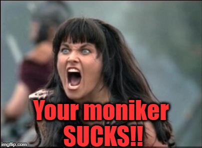 Angry Xena | Your moniker SUCKS!! | image tagged in angry xena | made w/ Imgflip meme maker