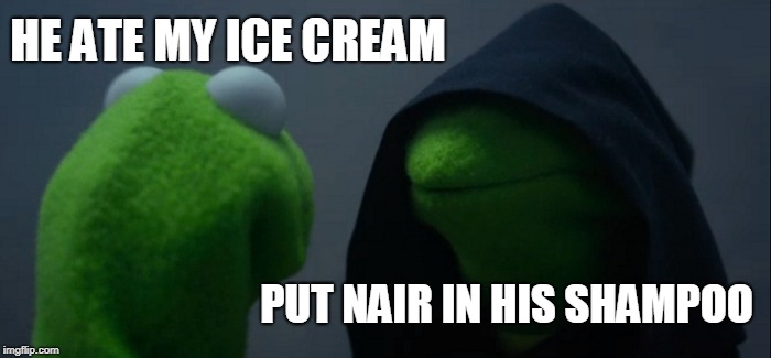 Evil Kermit Meme | HE ATE MY ICE CREAM PUT NAIR IN HIS SHAMPOO | image tagged in memes,evil kermit | made w/ Imgflip meme maker